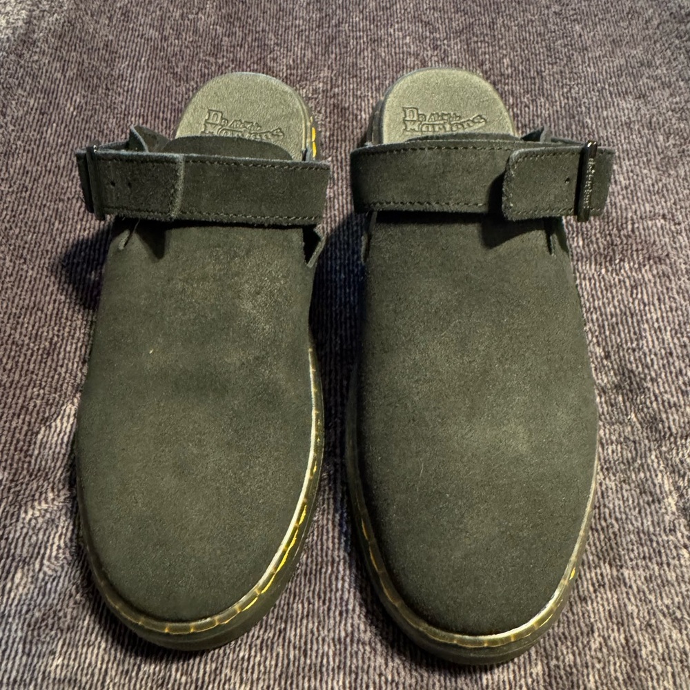 Dr. Martens Women’s Black Suede Strap Clogs with Yellow Stitching